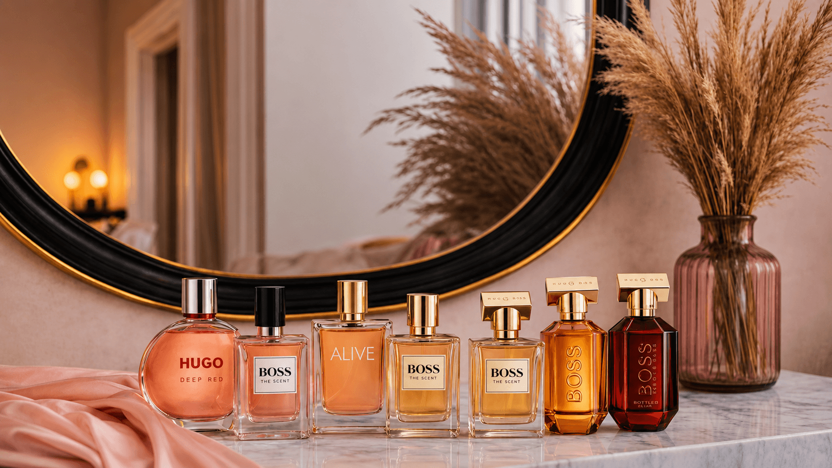 Luxury Perfume Display: Seven chic Hugo Boss scents on marble, pampas grass detail—elevate your vanity. Save this idea so you can come back to it later.