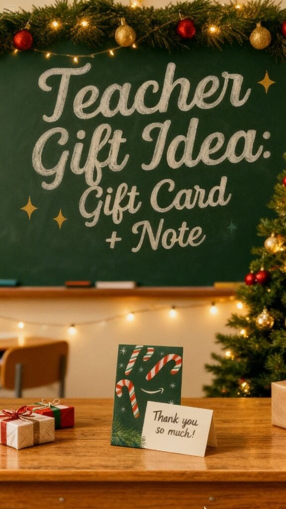 Holiday classroom scene featuring a chalkboard that reads 'Teacher Gift Idea: Gift Card and Note,' decorated with festive garland, twinkling string lights, wrapped presents, and a Amazon gift card with personalized note on a wooden desk.