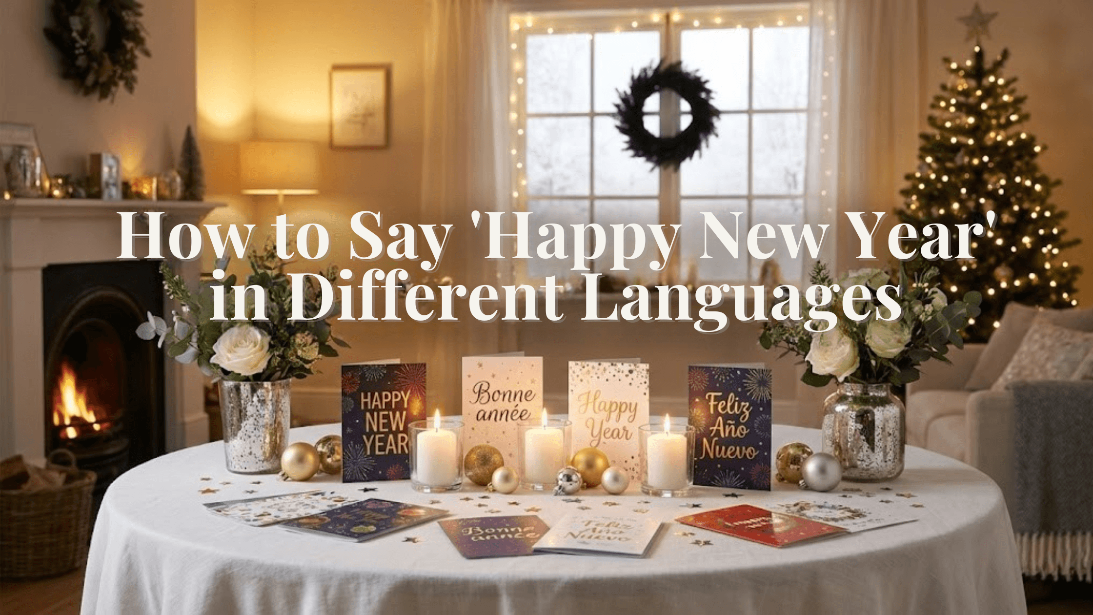 New Year’s Eve table with greeting cards, candles, snacks, and a warm at-home setup for learning how to say “Happy New Year” in different languages.