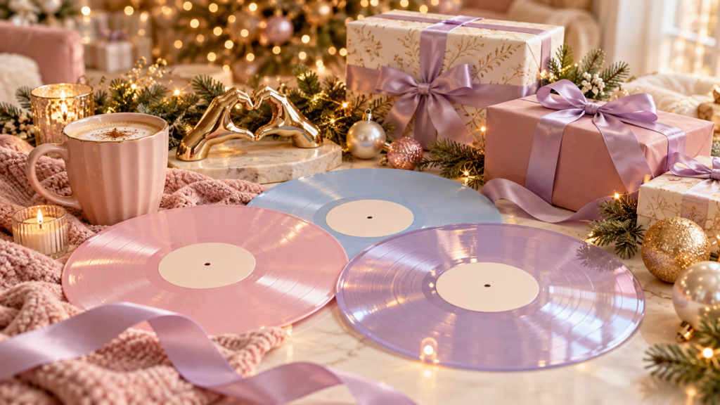 Pink, blue, and lavender vinyl records beside a blush mug, gold heart-hands sculpture, and wrapped Christmas gifts with lavender ribbons and warm fairy lights.