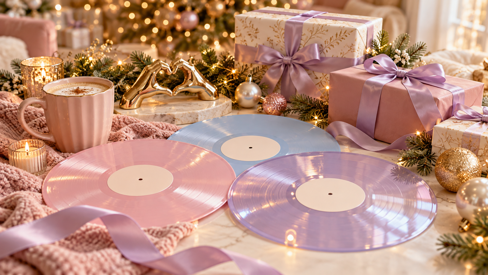 Pink, blue, and lavender vinyl records beside a blush mug, gold heart-hands sculpture, and wrapped Christmas gifts with lavender ribbons and warm fairy lights.