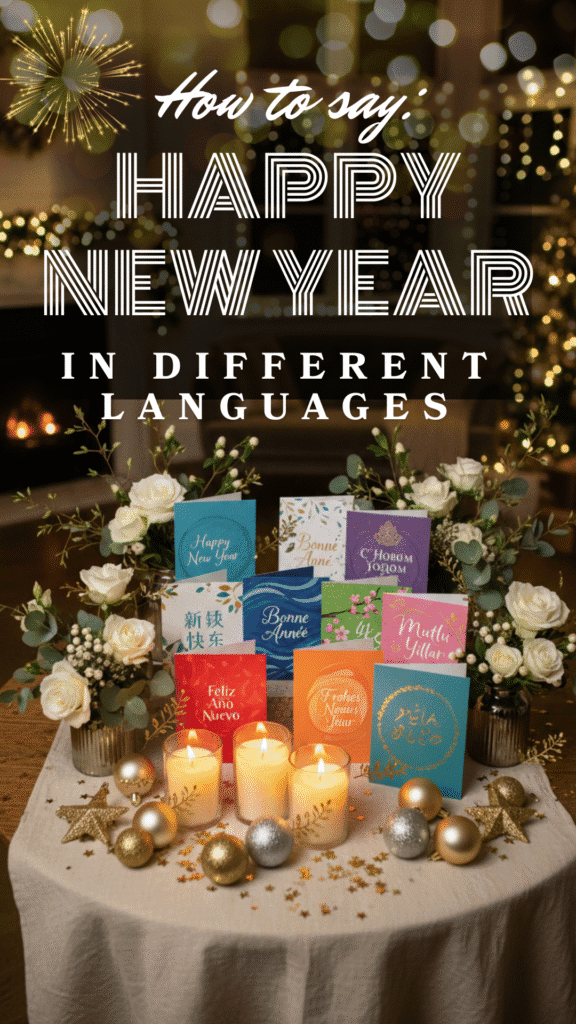 New Year’s Eve table with greeting cards, candles, snacks, and a warm at-home setup for learning how to say “Happy New Year” in different languages.