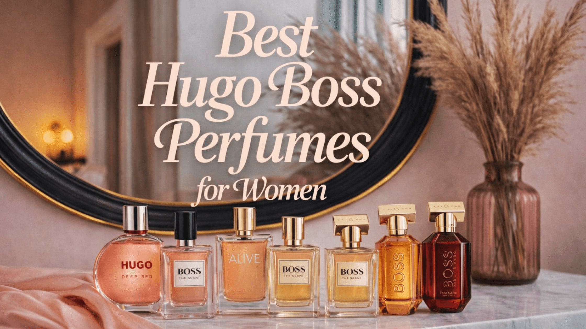 flat lay image of the best Hugo Boss perfumes for women, showing elegant perfume bottles styled on a neutral vanity to evoke a modern, luxurious fragrance mood.