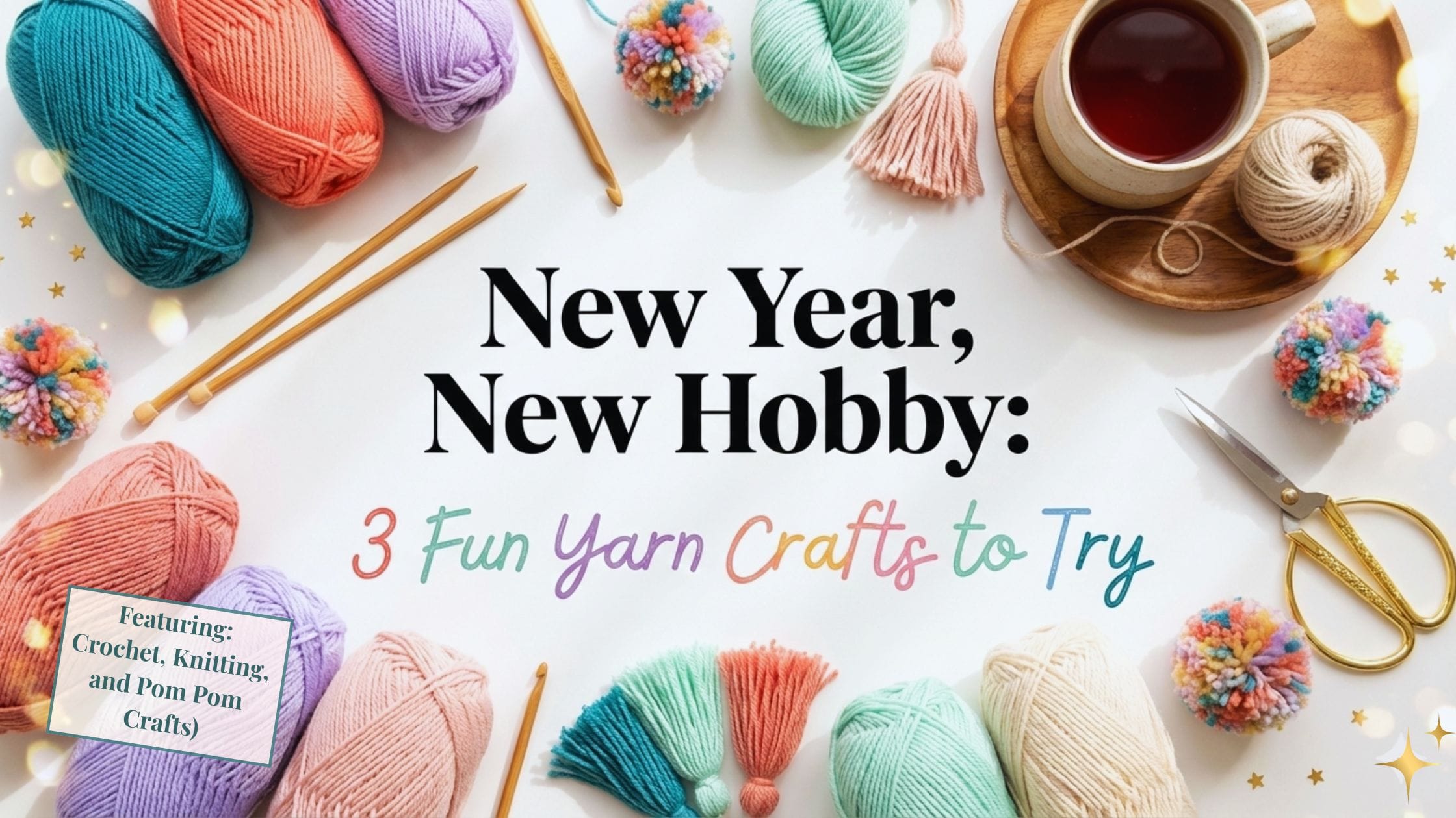 Bright flat lay of colorful yarn, crochet hooks, knitting needles, and a cozy mug with the text “New Year, New Hobby: 3 Fun Yarn Crafts to Try.”