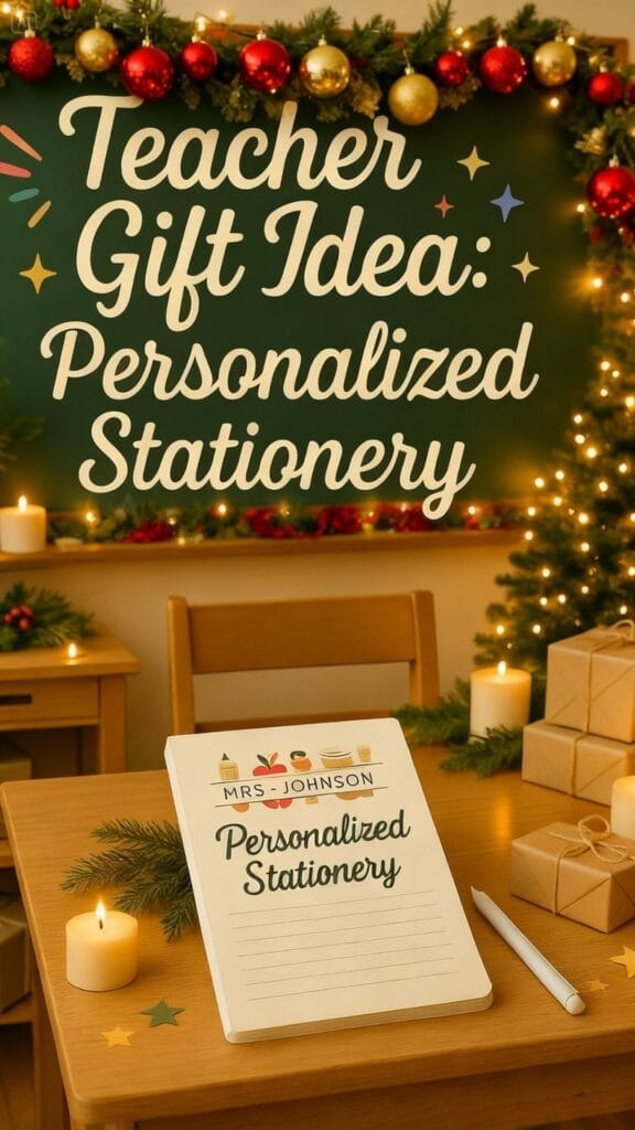Holiday classroom scene featuring a chalkboard that reads 'Teacher Gift Idea: Personalized Stationery,' decorated with festive garland, twinkling string lights, wrapped presents, and personalized stationery on a wooden desk