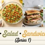 Collage-style food image showing a creamy lemon white bean soup, crunchy chickpea cucumber herb salad, warm veggie deli melt sandwich, and sparkling Arnold Palmer iced tea with text reading &ldquo;Soup &bull; Salad &bull; Sandwich &bull; Sip (Series 1)&rdquo; promoting an easy semi-homemade lunch set.