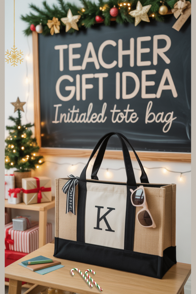 A cozy holiday classroom scene featuring a personalized initial tote bag on a wooden teacher desk with wrapped gifts, warm fairy lights, a small Christmas tree, and centered chalkboard text that reads “Teacher Gift Idea: Initialed Tote Bag.”