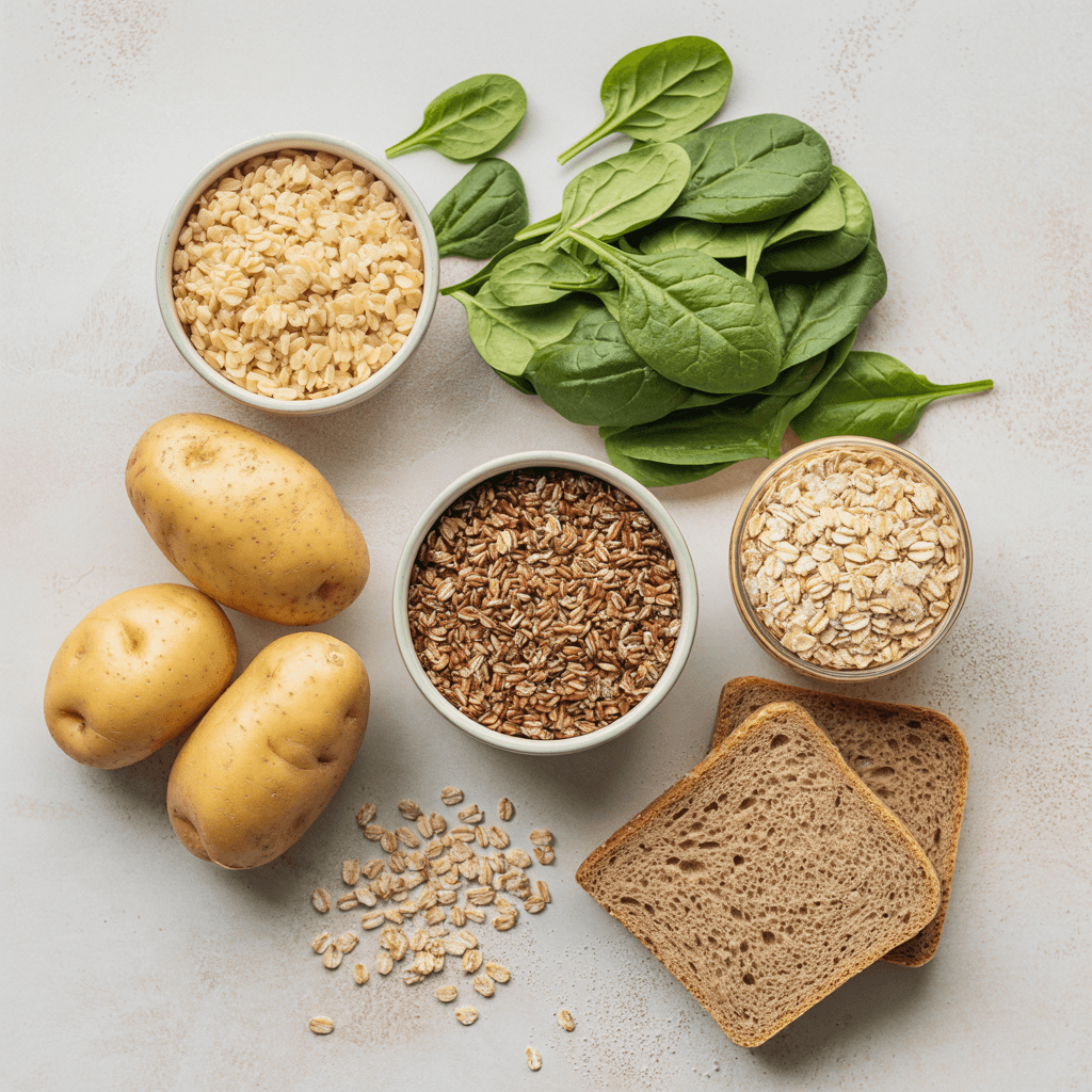A bright, natural flat lay of plant-based grains and vegetables including potatoes, brown rice, spinach leaves, sliced wheat bread, rolled oats, and quinoa, arranged on a light neutral background