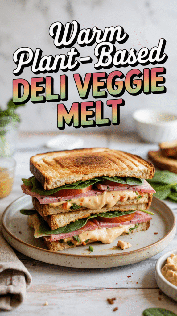 Warm plant-based deli veggie melt sandwich made with vegan deli slices, hummus, spinach, tomato, and melted vegan cheese on toasted bread, a comforting vegan lunch idea from the Soup, Salad & Sandwich Series.