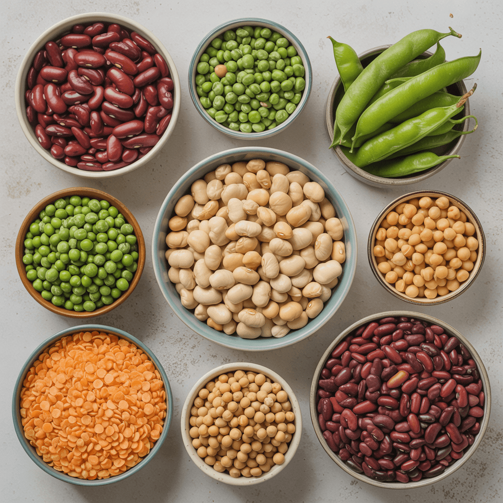 A clean overhead flat lay of assorted dried and cooked legumes including kidney beans, pinto beans, green peas, lima beans, chickpeas, lentils, and soybeans in small bowls