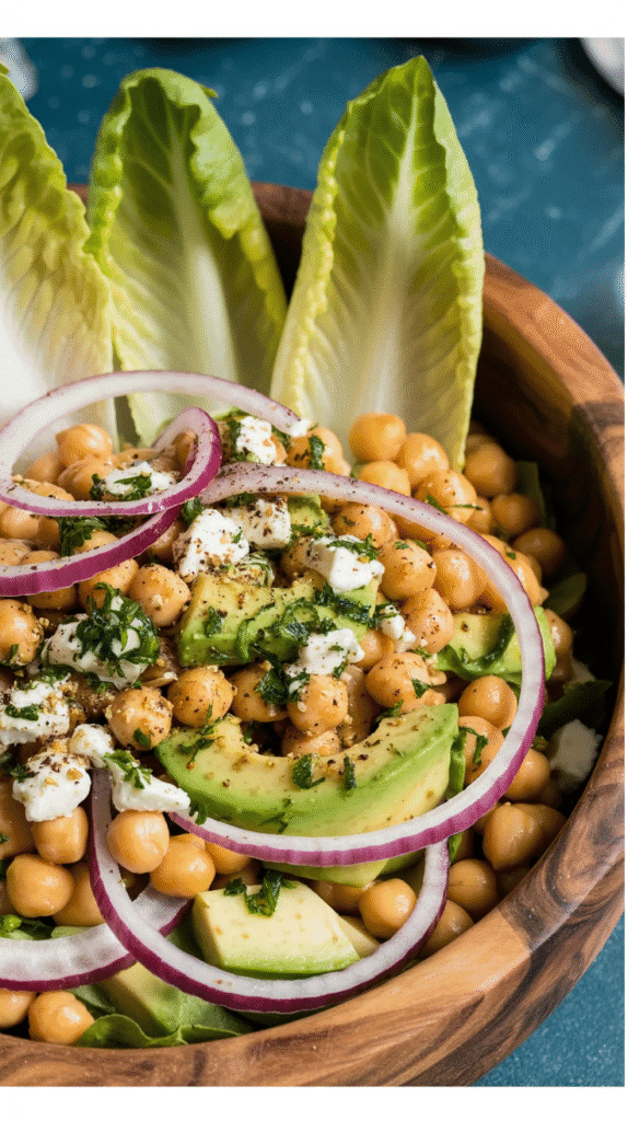 Overhead view of a bright chickpea and avocado salad with vegan feta in a wooden bowl, surrounded by crisp baby romaine boats arranged like a festive crown