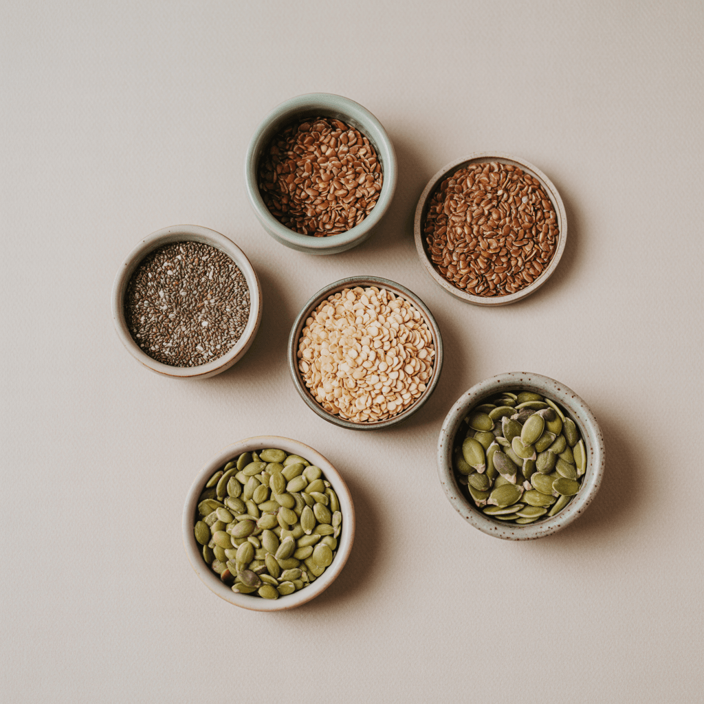 A minimal flat lay of protein-rich seeds including chia seeds, flaxseed, hemp seeds, and pumpkin seeds displayed in small ceramic bowls