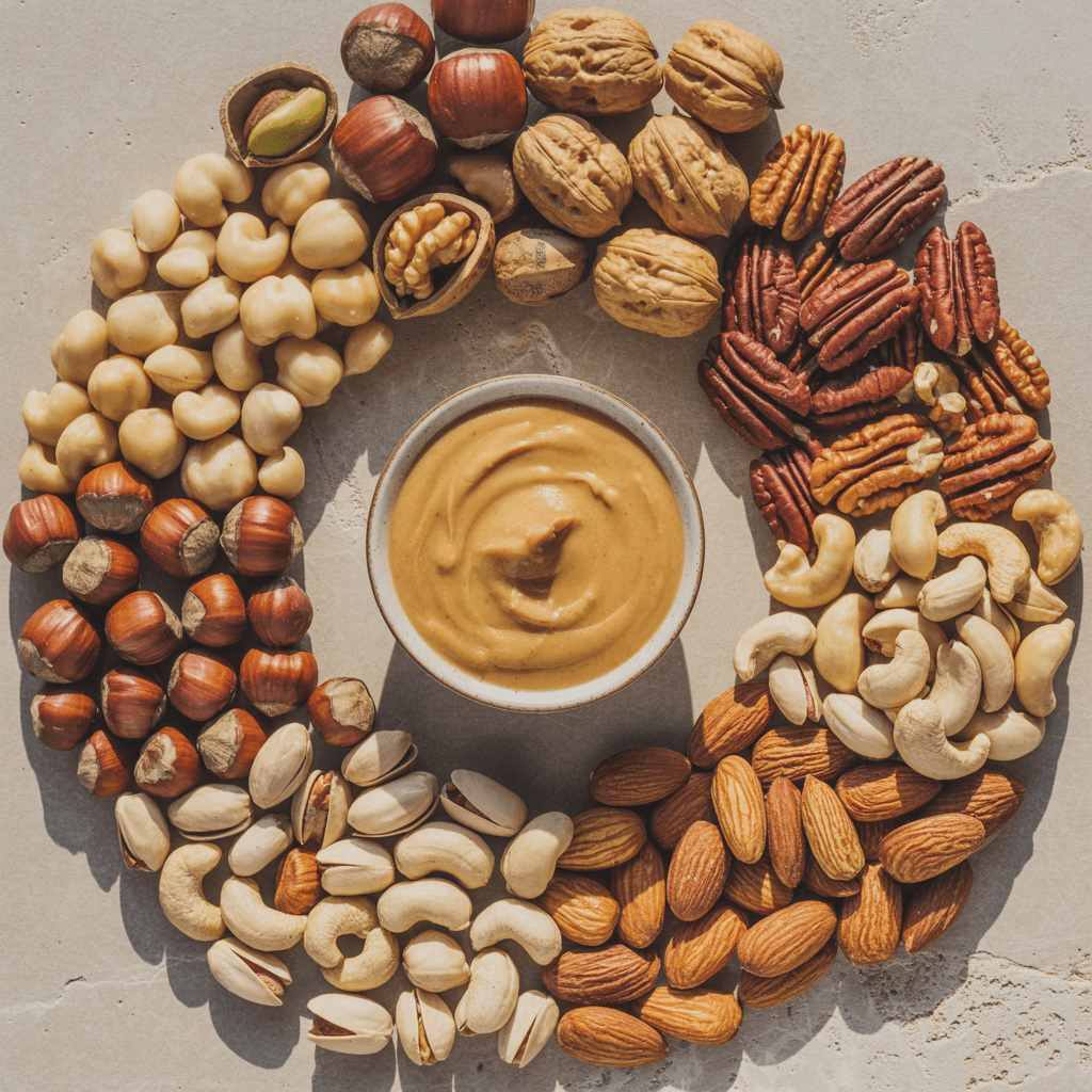 A warm-toned flat lay of mixed nuts and nut-based foods including macadamia nuts, pecans, walnuts, hazelnuts, cashews, pistachios, almonds, and a small bowl of creamy peanut butter, arranged on a light stone surface