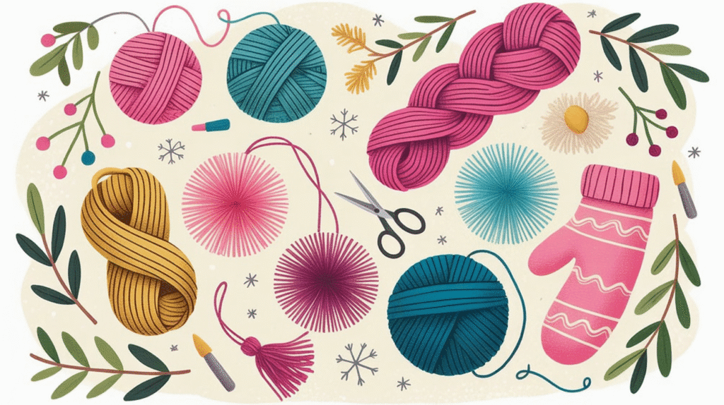Colorful flat lay illustration of winter yarn crafts with bright pom poms, tassels, skeins of yarn, and greenery accents for beginner pom pom and tassel projects.