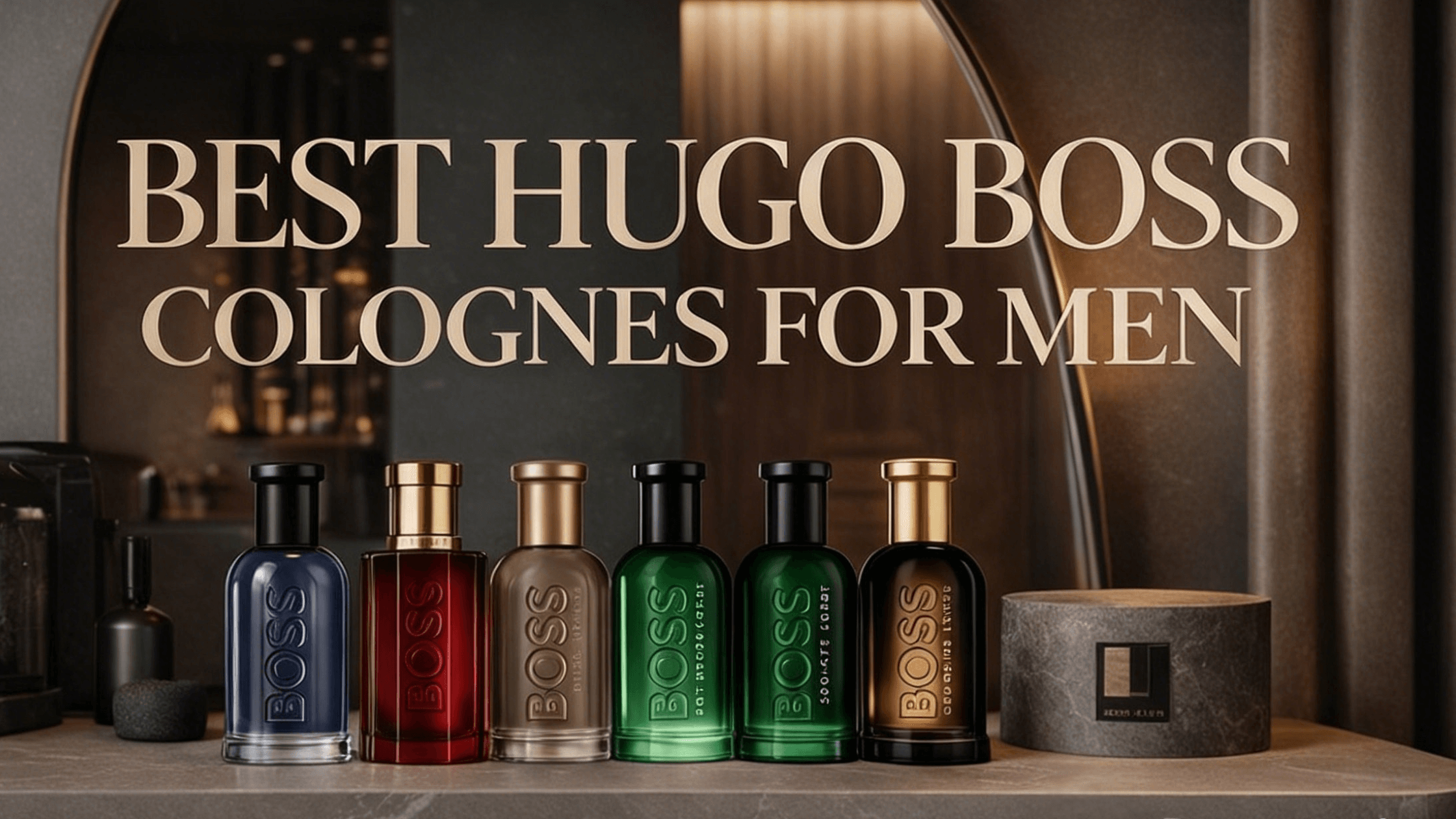 A collection of the best Hugo Boss colognes for men displayed on a luxury shelf.