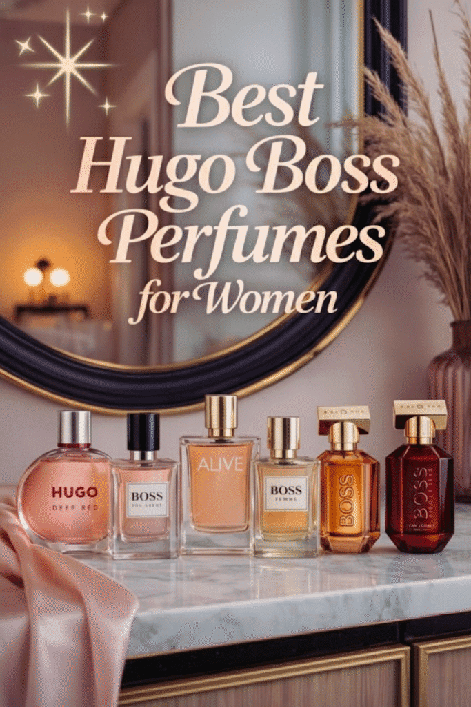 A luxurious photograph of an elegant vanity counter styled in a high-end beauty editorial aesthetic. The vanity is artfully arranged with premium beauty essentials and elegant women’s perfume bottles inspired by Hugo Boss fragrances. The scene is set on a soft neutral background with warm beige, cream, and subtle blush tones