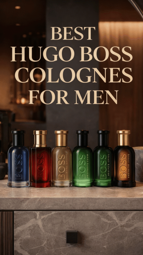 A collection of the best Hugo Boss colognes for men displayed on a luxury shelf.