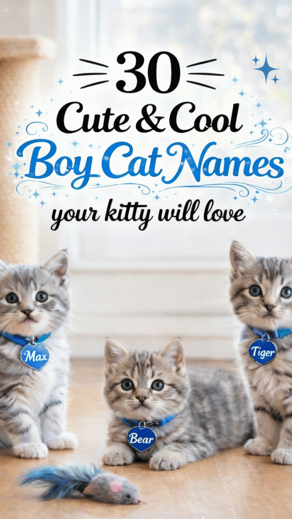 30 cute and cool boy cat names. The graphic shows a cozy tabby cat and the title text &ldquo;30 Cute & Cool Boy Cat Names Your Kitty Will Love,&rdquo; highlighting name ideas and personality vibes for male cats.