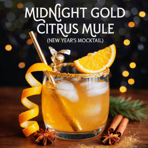 Midnight Gold Citrus Mule New Year’s mocktail in a clear glass with a gold sugar rim, orange slice garnish, curled orange peel, and metal straw, set against warm glowing lights for a cozy at-home New Year celebration.