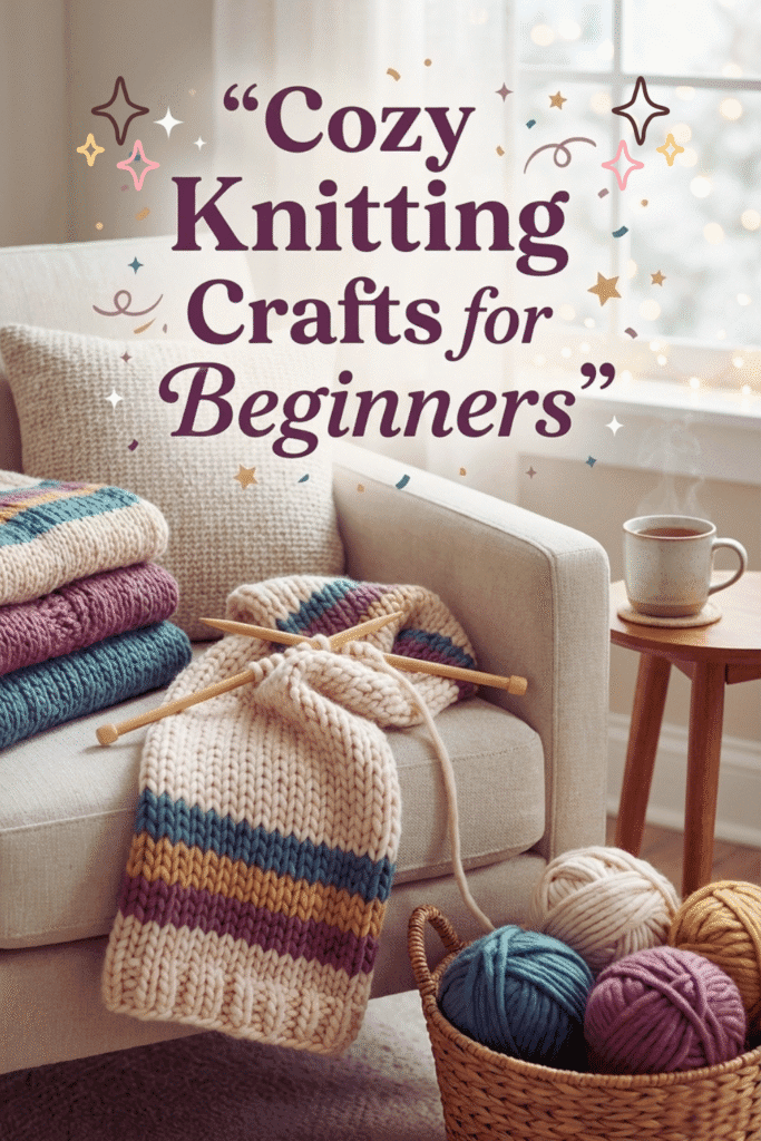 Chunky knit scarf in progress on a cozy winter sofa with wooden knitting needles, folded blankets, yarn basket, and tea for beginner knitters.