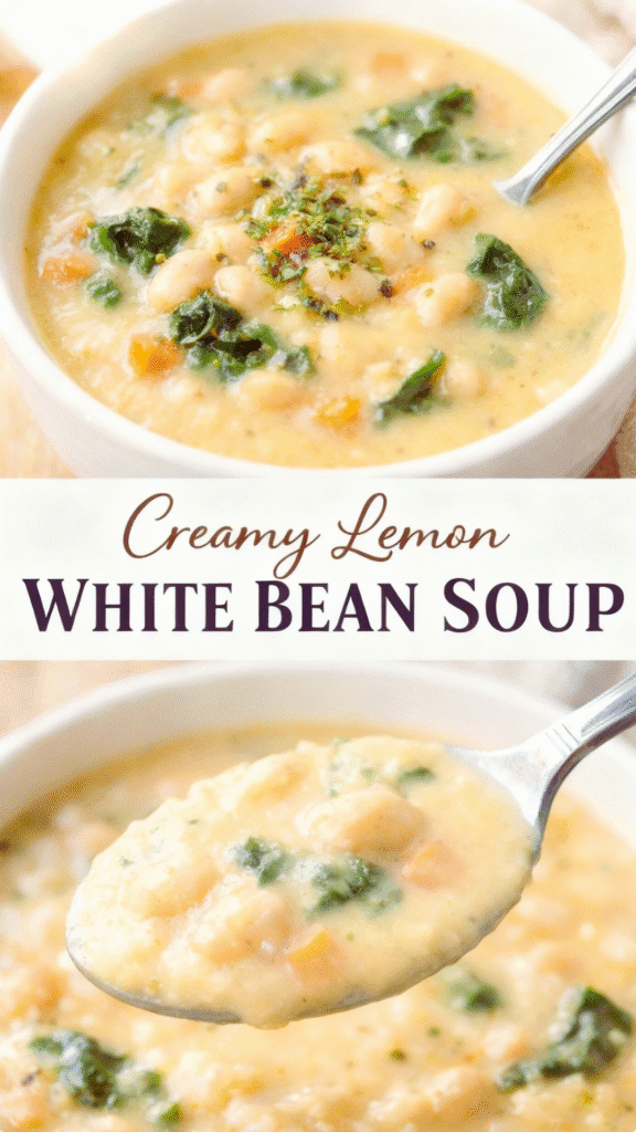 Creamy lemon white bean soup in white bowls, shown in a tall Pinterest-style graphic with a text banner that reads “Creamy Lemon White Bean Soup,” promoting an easy, plant-based comfort soup recipe.