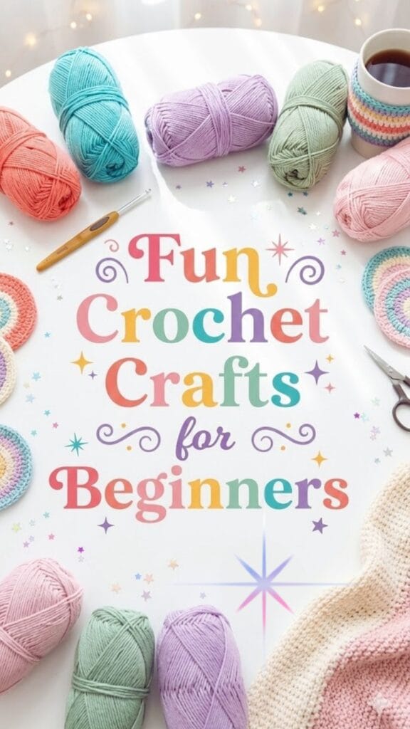 Flat lay of colorful yarn and crochet supplies with text that reads &ldquo;Fun Crochet Crafts for Beginners&rdquo; &ndash; easy cozy crochet projects for adults