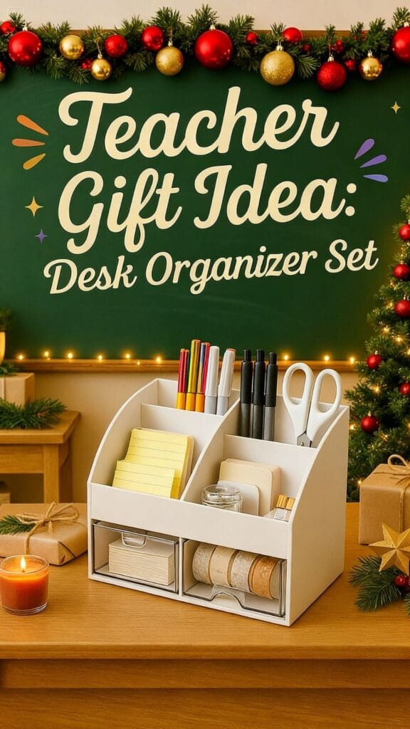 Holiday classroom scene with a chalkboard reading &lsquo;Teacher Gift Idea: Desk Organizer Set,&rsquo; festive garland, string lights, wrapped presents, and a white desk organizer set displayed on a wooden table.