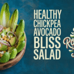 Overhead photo of a colorful chickpea and avocado salad with vegan feta and fresh herbs, styled in a wooden bowl and ringed with crisp baby romaine lettuce boats