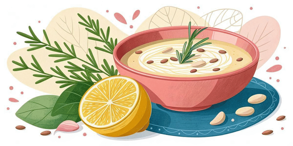 stylized image of creamy lemon white bean soup
