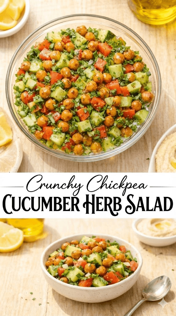 Crunchy chickpea cucumber herb salad served two ways in a bright, vertical food image: at the top, an overhead view of a clear glass bowl filled with roasted chickpeas, diced cucumber, tomato, and fresh parsley, and at the bottom, a smaller bowl of the same salad with lemon wedges, olive oil, and hummus in the background, separated by a text banner that reads “Crunchy Chickpea Cucumber Herb Salad.”