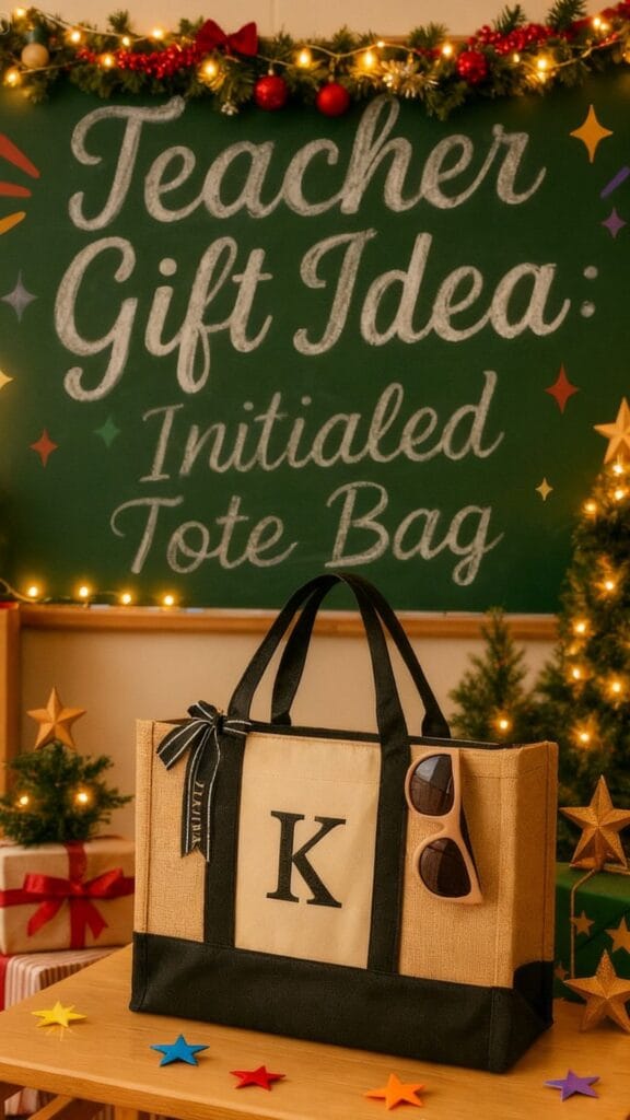 A festive holiday scene featuring several teacher gift ideas including a monogrammed tote bag.