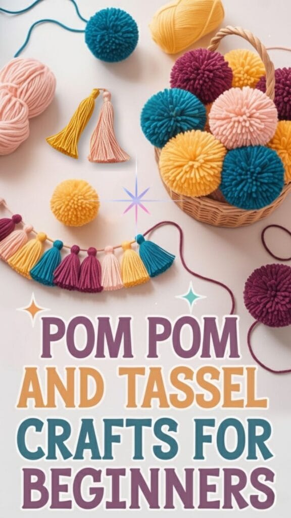 Pom pom and tassel crafts for beginners image showing colorful yarn pom poms, tassels, and DIY supplies on a light background with text overlay that reads &ldquo;Pom Pom and Tassel Crafts for Beginners.&rdquo;