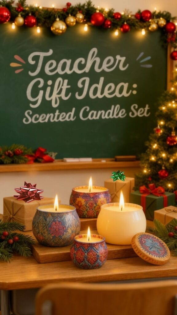 Holiday classroom scene featuring a chalkboard that reads 'Teacher Gift Idea: Scented Candle Set,' decorated with festive garland, twinkling string lights, wrapped presents, and a 4 scented candles.