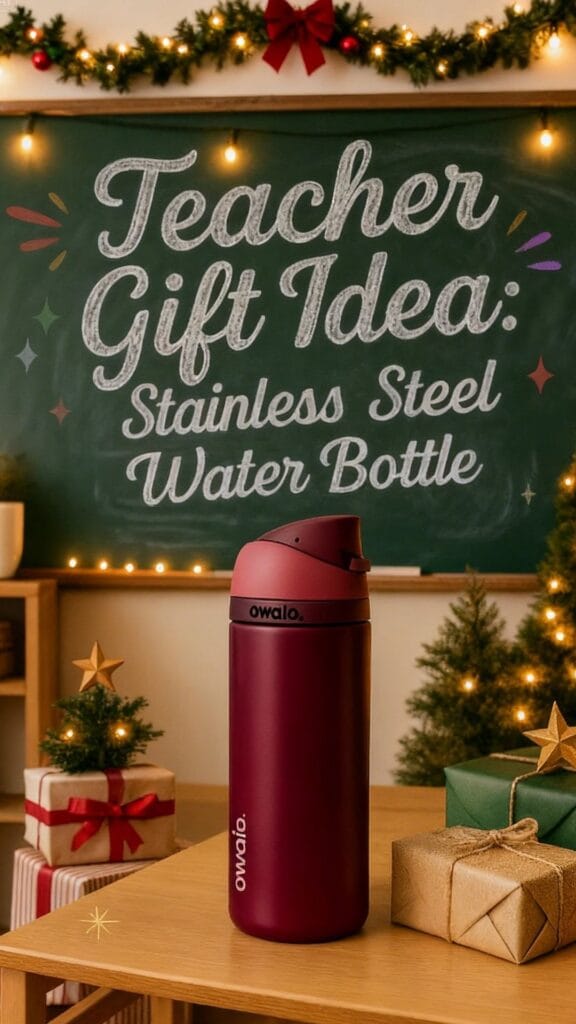 Holiday classroom scene featuring a chalkboard that reads 'Teacher Gift Idea: Stainless Steel Water Bottle,' decorated with festive garland, twinkling string lights, wrapped presents, and a maroon-colored stainless steel water bottle on a wooden desk.