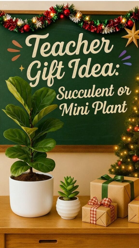 Holiday classroom scene with a chalkboard reading &lsquo;Teacher Gift Idea: Initialed Tote Bag,&rsquo; festive garland, string lights, wrapped presents, and a mini plant and succulent displayed on a wooden table.