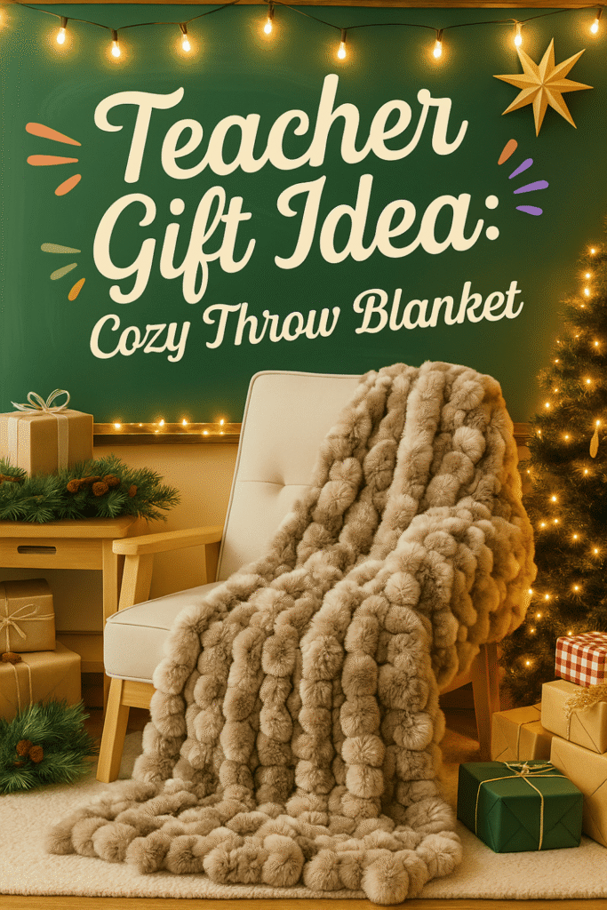 A cozy holiday classroom scene with a cream reading chair draped with a plush faux-fur throw blanket, surrounded by wrapped Christmas presents, fairy lights, pine greenery, and a chalkboard displaying the text “Teacher Gift Idea: Cozy Throw Blanket.”