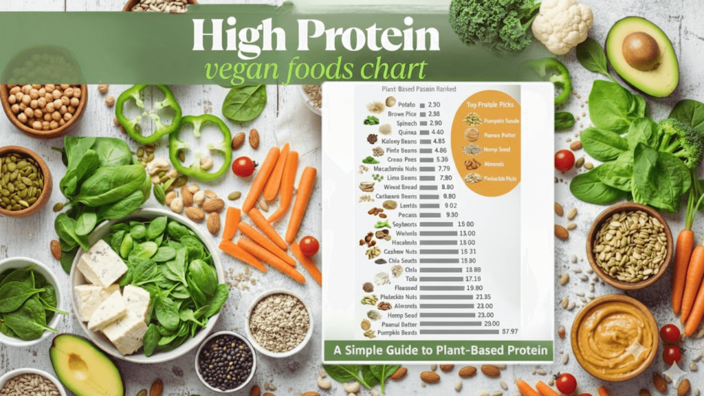 Comprehensive high-protein vegan foods guide chart ranking plant-based proteins.