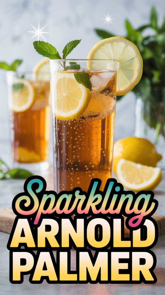 Sparkling Arnold Palmer iced tea lemonade served in a clear glass with ice, fresh lemon slices, and mint, showing the layered golden tea and lemonade with a light bubbly finish.
