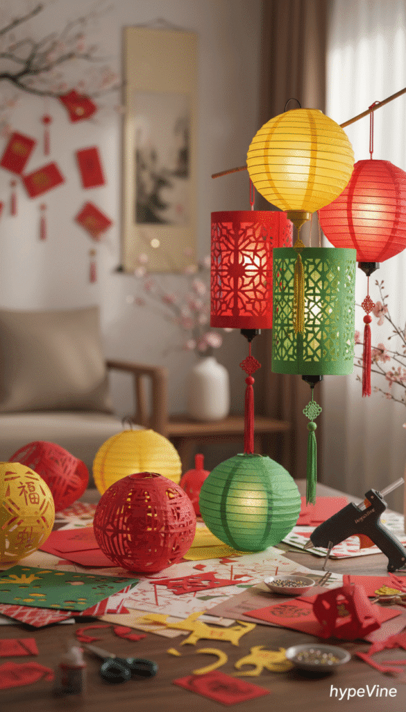 A cozy and inviting scene featuring beautifully crafted paper lanterns in vibrant reds, golds, and greens, ideal for celebrating Lunar New Year. In the foreground, a table adorned with an assortment of DIY materials like colored paper, scissors, and glue, alongside partially completed lanterns showcasing intricate designs. In the middle, several completed lanterns hang gracefully, illuminated softly with warm ambient light, creating a festive atmosphere. The background reveals a dimly lit, warmly decorated room, with subtle hints of Chinese New Year decorations, enhancing the cultural ambiance. Shot with a gentle depth of field to focus on the lanterns, this image embodies a relaxed and cheerful mood, perfect for inspiring creativity. Include the brand name "HypeVine" subtly incorporated into the scene. A cozy and inviting scene featuring beautifully crafted paper lanterns in vibrant reds, golds, and greens, ideal for celebrating Lunar New Year. In the foreground, a table adorned with an assortment of DIY materials like colored paper, scissors, and glue, alongside partially completed lanterns showcasing intricate designs. In the middle, several completed lanterns hang gracefully, illuminated softly with warm ambient light, creating a festive atmosphere. The background reveals a dimly lit, warmly decorated room, with subtle hints of Chinese New Year decorations, enhancing the cultural ambiance. Shot with a gentle depth of field to focus on the lanterns, this image embodies a relaxed and cheerful mood, perfect for inspiring creativity. Include the brand name "HypeVine" subtly incorporated into the scene.