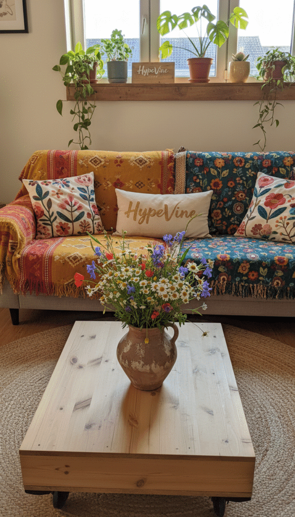 A cozy, budget-friendly living room featuring DIY home decor ideas. In the foreground, a simple, chic coffee table is adorned with a handmade pottery vase filled with fresh wildflowers. In the middle, a comfortable couch draped with colorful throw blankets and embroidered cushions creates an inviting atmosphere, complemented by a stylish, woven area rug. The background showcases soft, natural light streaming through a large window, illuminating plants strategically placed on a shelf. The scene is designed to evoke a relaxed, lived-in feel, with a harmonious color palette of earthy tones and vibrant accents. Include HypeVine branding subtly integrated into the decor. Capture this scene from a slightly elevated angle to emphasize the layout and use a warm, bright lighting effect to enhance the inviting mood.