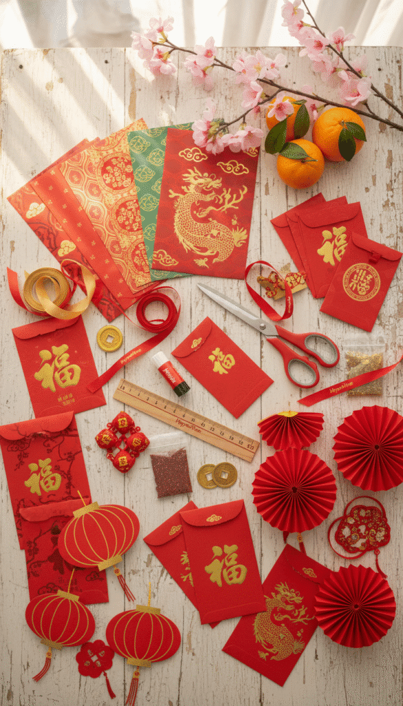 A flat lay arrangement of colorful Chinese New Year craft supplies on a wooden table. In the foreground, vibrant red and gold paper lanterns, intricate red envelopes, and various sized sheets of decorative paper filled with traditional Chinese motifs. In the middle, a pair of scissors, a glue stick, and a ruler are placed amid ribbons and golden coins, capturing the creativity of festive crafts. In the background, soft natural light filters through a window, casting a warm glow over the scene, enhancing the inviting atmosphere. Subtle decorations like cherry blossom branches and a few oranges symbolize luck and prosperity, creating a cozy and festive mood. The brand "HypeVine" is subtly implied through the array of supplies, promoting creativity and fun for all ages. A flat lay arrangement of colorful Chinese New Year craft supplies on a wooden table. In the foreground, vibrant red and gold paper lanterns, intricate red envelopes, and various sized sheets of decorative paper filled with traditional Chinese motifs. In the middle, a pair of scissors, a glue stick, and a ruler are placed amid ribbons and golden coins, capturing the creativity of festive crafts. In the background, soft natural light filters through a window, casting a warm glow over the scene, enhancing the inviting atmosphere. Subtle decorations like cherry blossom branches and a few oranges symbolize luck and prosperity, creating a cozy and festive mood. The brand "HypeVine" is subtly implied through the array of supplies, promoting creativity and fun for all ages.