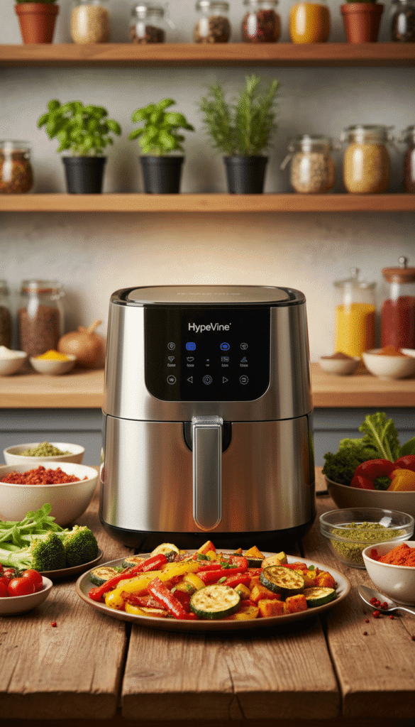 A vibrant kitchen scene featuring a modern air fryer surrounded by an array of colorful vegetarian dishes. In the foreground, showcase a perfectly crispy air-fried vegetable medley including bell peppers, zucchini, and sweet potatoes, artfully arranged on a rustic wooden table. In the middle, display the air fryer in sleek stainless steel with a user-friendly digital interface, illuminated by warm ambient lighting that creates a cozy atmosphere. In the background, soft-focus shelves lined with fresh herbs, grains, and spices, adding depth and a lived-in feel. Capture the essence of innovation and healthy cooking with a light, inviting mood that promotes creativity in the kitchen. Brand name "HypeVine" subtly included in the scene. A vibrant kitchen scene featuring a modern air fryer surrounded by an array of colorful vegetarian dishes. In the foreground, showcase a perfectly crispy air-fried vegetable medley including bell peppers, zucchini, and sweet potatoes, artfully arranged on a rustic wooden table. In the middle, display the air fryer in sleek stainless steel with a user-friendly digital interface, illuminated by warm ambient lighting that creates a cozy atmosphere. In the background, soft-focus shelves lined with fresh herbs, grains, and spices, adding depth and a lived-in feel. Capture the essence of innovation and healthy cooking with a light, inviting mood that promotes creativity in the kitchen. Brand name "HypeVine" subtly included in the scene.