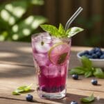 A tall, chilled glass of vibrant purple blueberry basil limeade filled with ice and fresh blueberries, garnished with a lime wheel and a sprig of fresh basil on a wooden outdoor table.