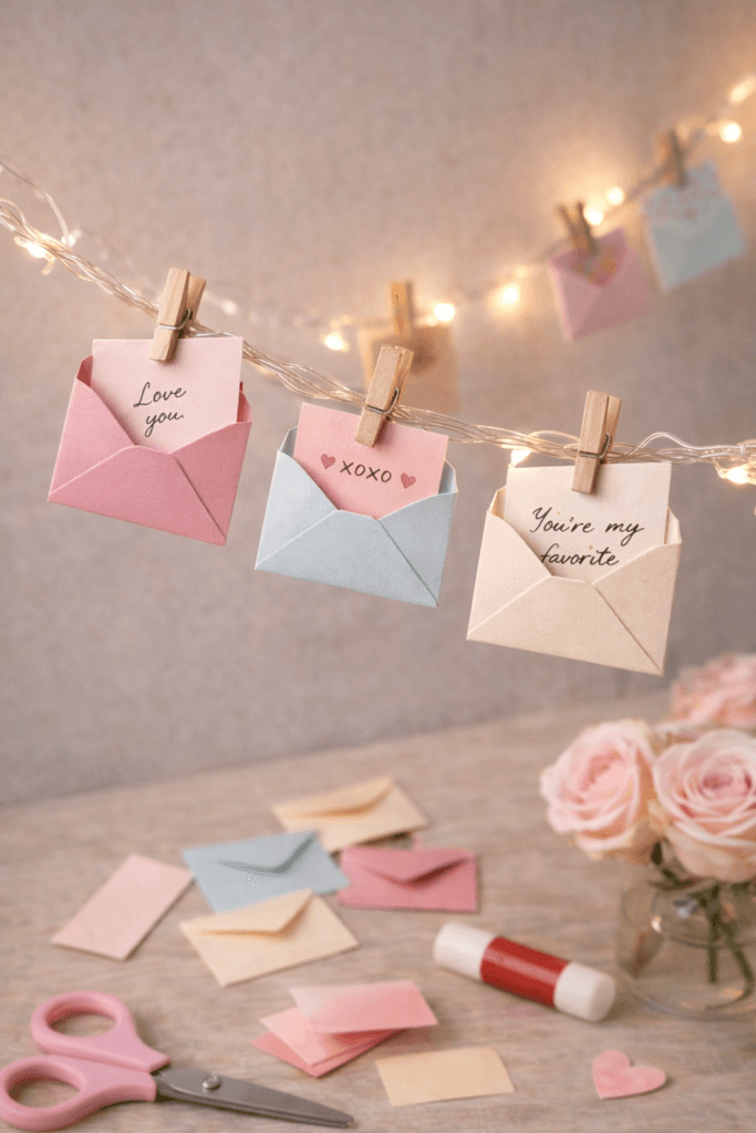 DIY handcrafted string light love notes mini envelopes clipped to a strand of fairy lights tucked in between tiny love notes