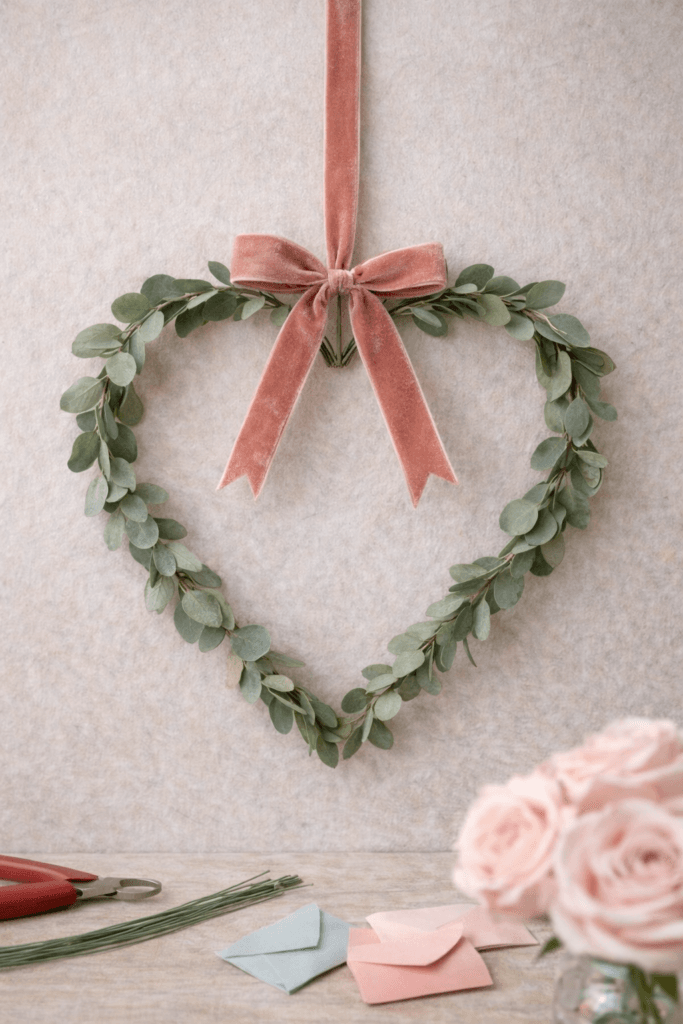 A an image of ADIY handcrafted leafy heart wreath made with eucalyptus leaves and faux greenery and hung with a velvety a pink velvet ribbon