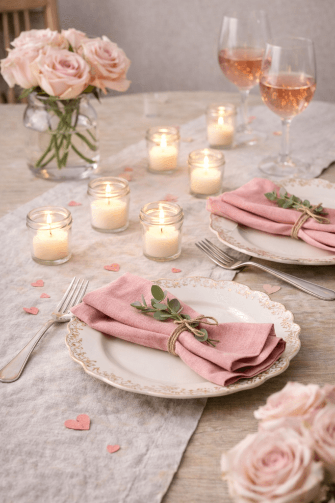 Romantic Valentine’s Day table setting with a cream linen runner, pink cloth napkins tied with greenery, vintage-style plates, tea lights in small glass jars, and soft blush roses creating a warm, inviting atmosphere.
