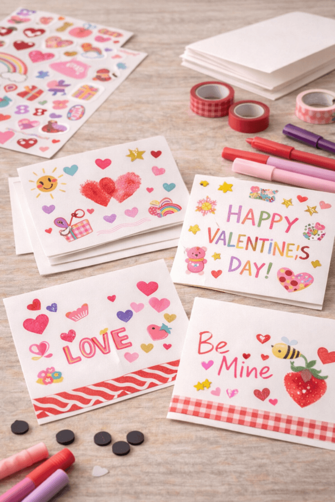 Simple Valentine sticker cards made by kids using colorful heart stickers, washi tape, and markers, displayed on a light wooden surface with craft supplies nearby.