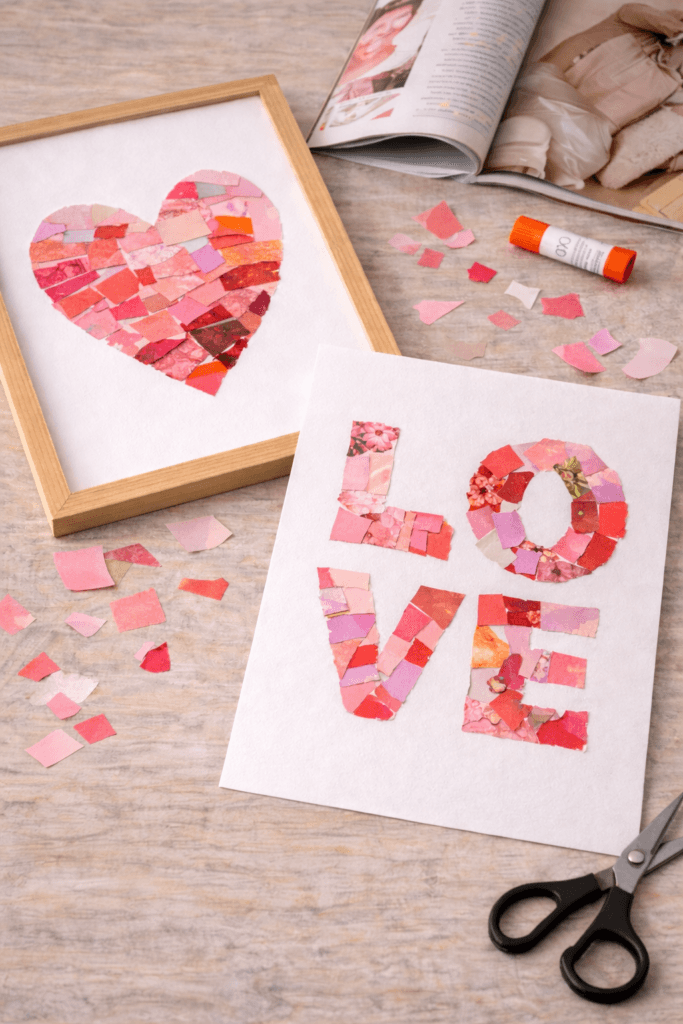 Handmade Valentine collage art with pink and red paper scraps forming a heart and the word LOVE on white paper, with cut paper pieces and a glue stick on the table.