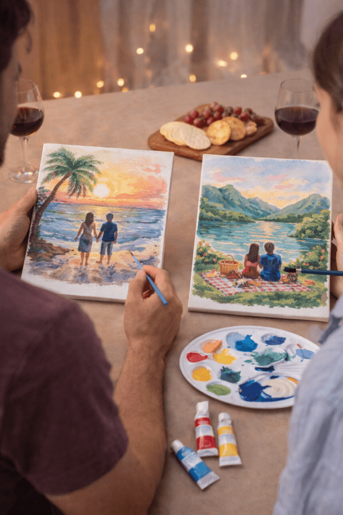 Couple painting landscapes at a cozy paint-and-sip table with wine and snacks, a relaxing Valentine’s Day crafts date-night idea.