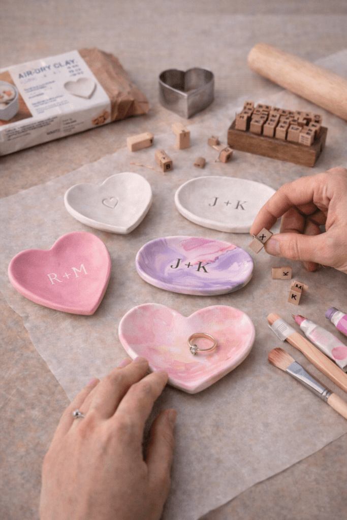 Hands painting small heart-shaped air dry clay ring dishes in soft pastel colors, with brushes, paint pots, and gold jewelry on the table for a Valentine’s Day craft.